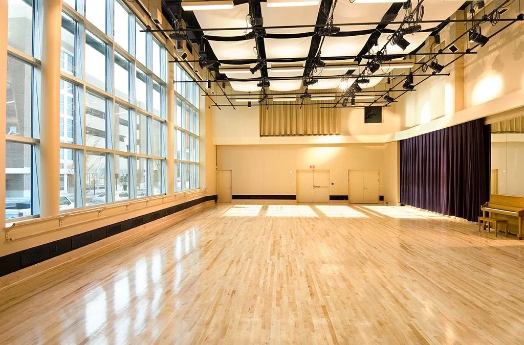 An Areté rehearsal studio with sprung hardwood floors and mirror walls